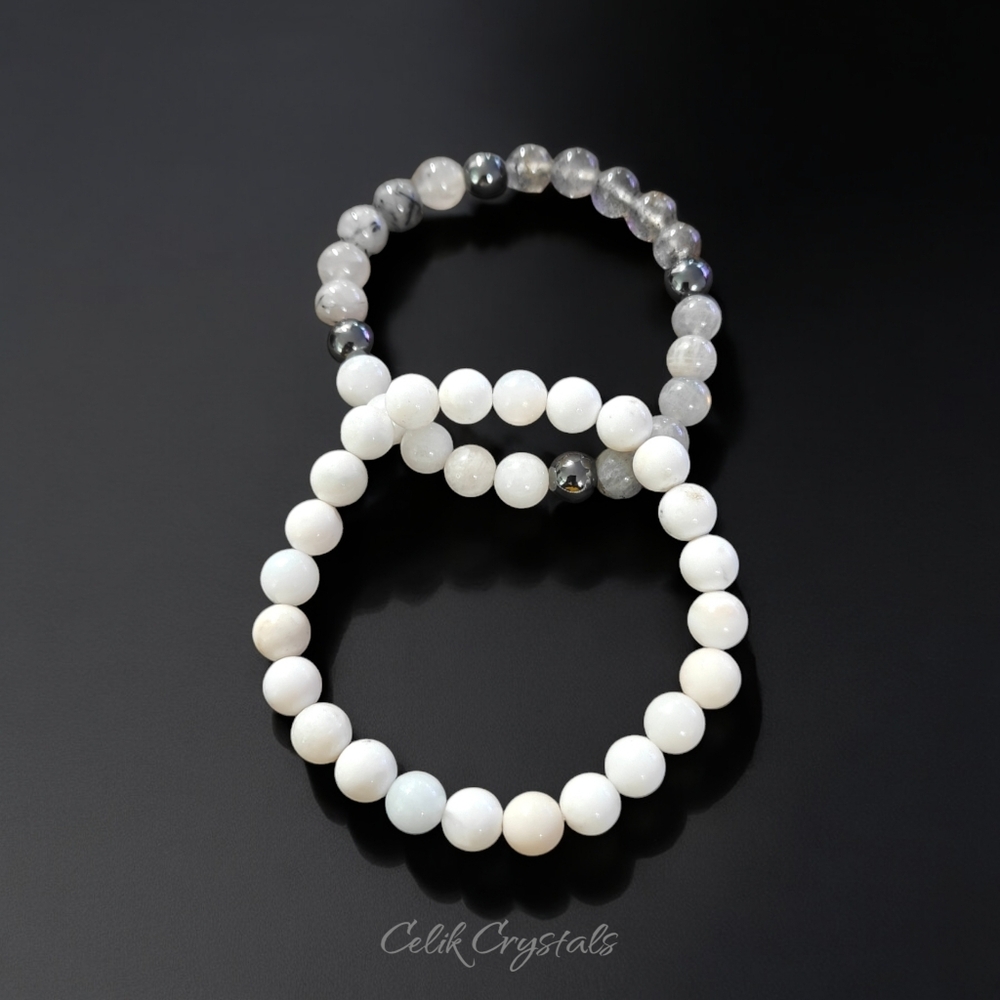 White Opal Crystal Stack - 8mm Unisex Natural Stones Handmade Stretch Beads - Picture 4 of 5